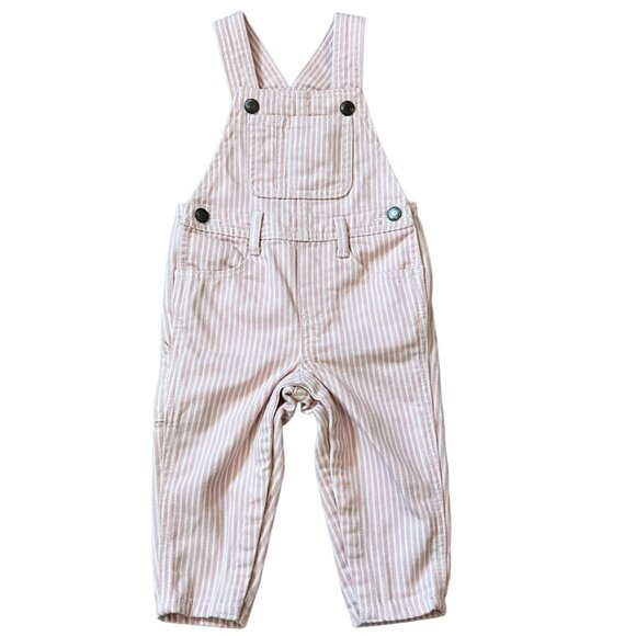 Old Navy Pink & White Stripe Girls Overalls Denim 12-18 Months - Picture 1 of 4